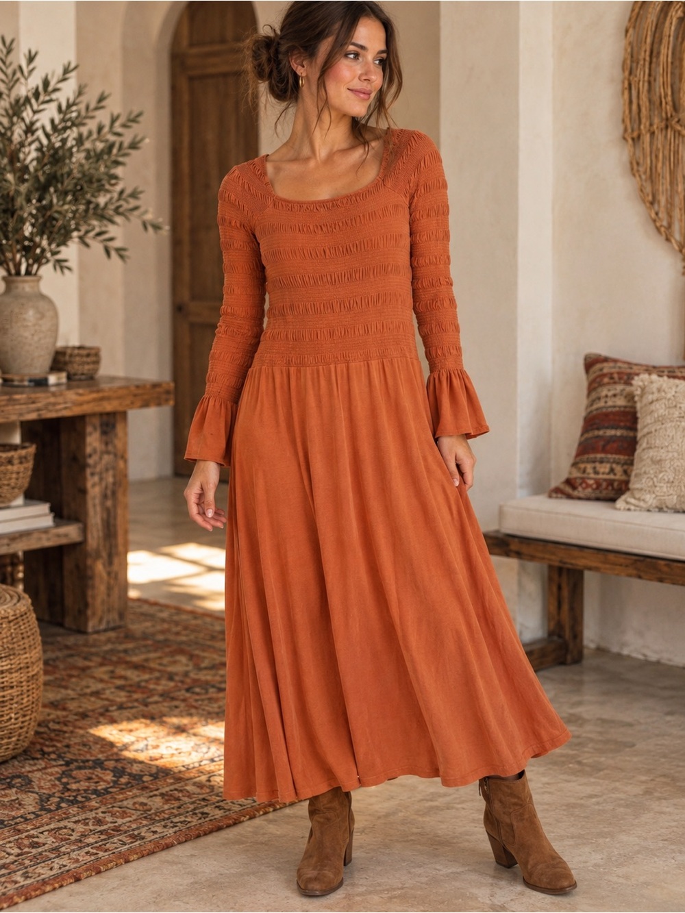 NWT Free People Free-est Kiera Smocked Maxi Dress Orange L